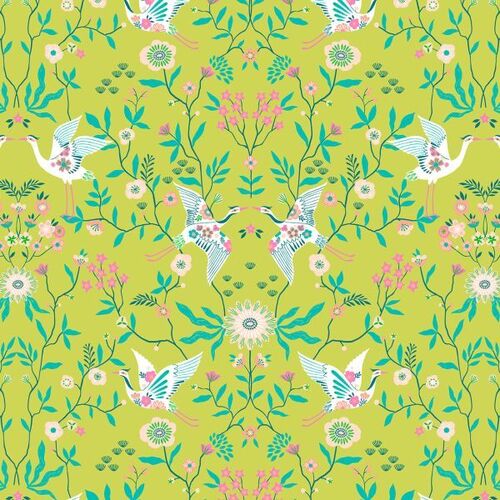 Fabric Remnant-Blossom Days Oriental Cranes Floral Lime 37cm