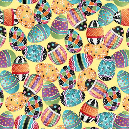 Fabric Remnant- Easter Fun Eggs Toss Yellow 75cm