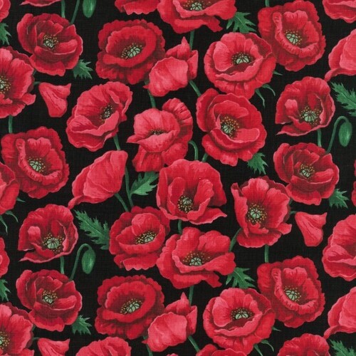 Fabric Remnant-Poppy Poppies Blossom Black 48cm