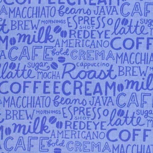 Fabric Remnant- Coffee Lovers Blends Words Periwinkle 48cm