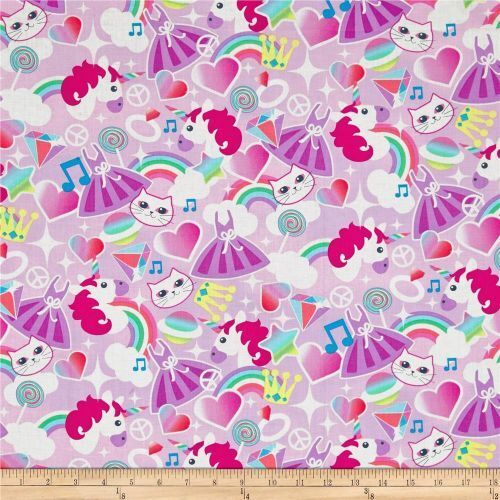 Fabric Remnant- Fun Unicorns Rainbows Cats Lollipops 85cm