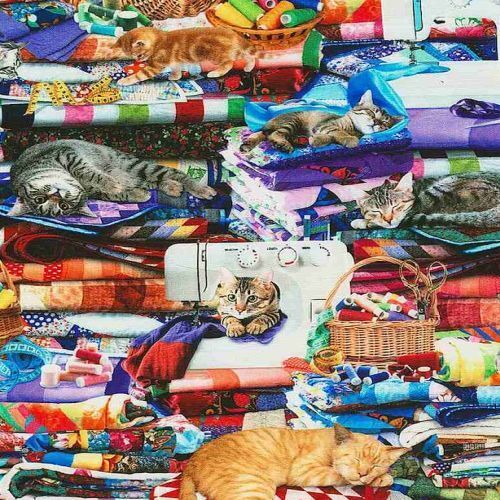 Fabric Remnant- 	 Cats On Quilts Fabric Goddess 63cm