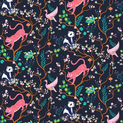 Fabric Remnant -	Blossom Days Oriental Animals 95cm
