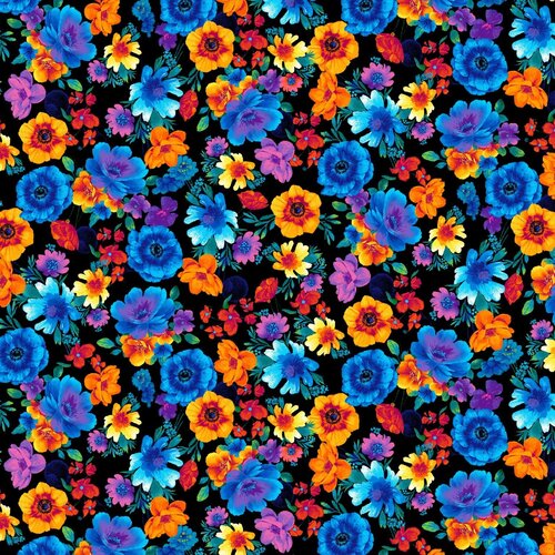 Fabric Remnant -	Glow Rainbow Bright Tossed Flowers 96cm