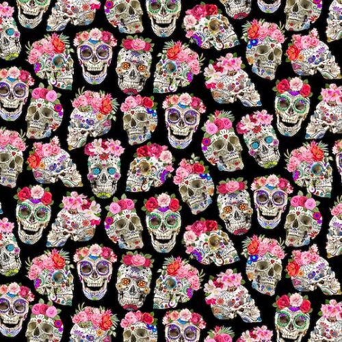 Super Sale Dia De Los Muertos Flower Skulls Black TTCD1583