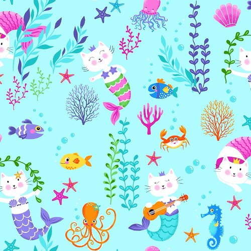 Super Sale Purrmaid Mermaid Cats Blue FLBBS-D177-B