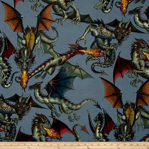 Fabric Remnant- Tale of the Dragon Blue Grey Alexander Henry 90cm