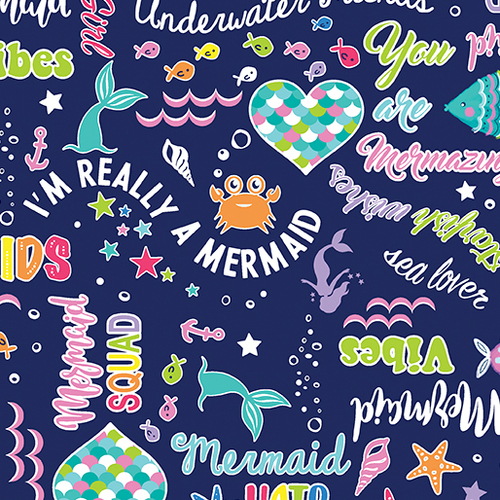 Fabric Remnant -	 Mystical Mermaids Words 62cm