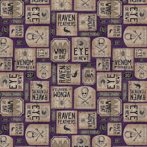 Fabric Remnant -Halloween Potions Label Purple 90cm