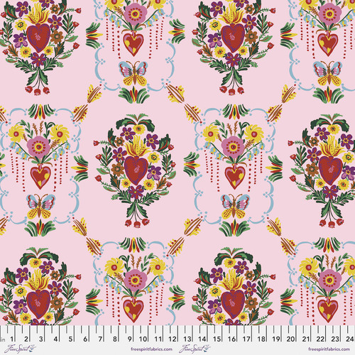 Fabric Remnant-FreeSpirit Folk Heart Floral Powder Pink 62cm