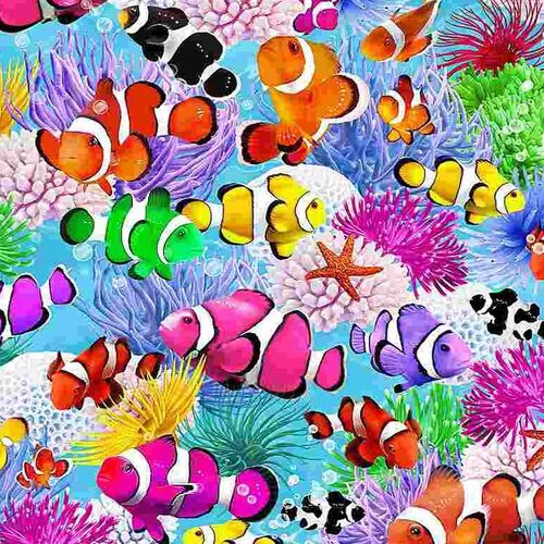 Fabric Remnant- 	Swimming Clown Fish Aquarium Window 53cm