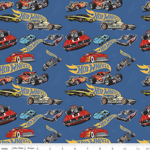 Fabric Remnant-Hot Wheels Classic Vintage Cars Toss Blue 61cm