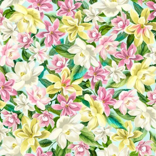 Fabric Remnant- Lanai Packed Floral Aqua Blue 90cm