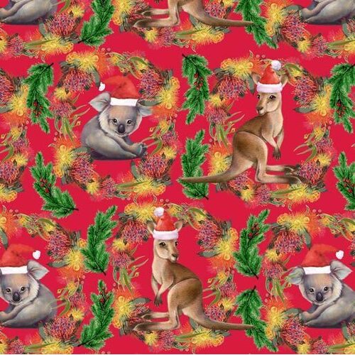 Fabric Remnant-Unalloyed Aussie Christmas Koalas Kangaroos 53cm