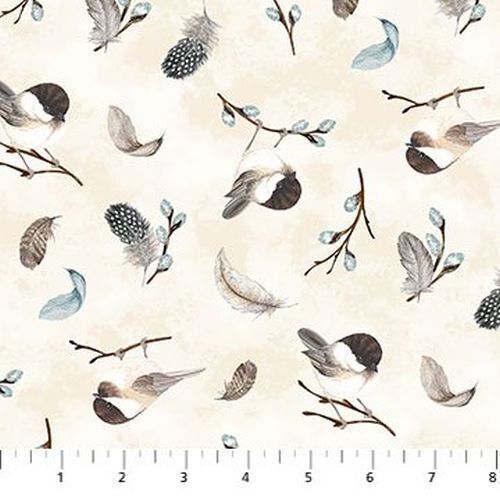 Fabric Remnant- Feathered Nest Chicadee Birds Feathers 52cm