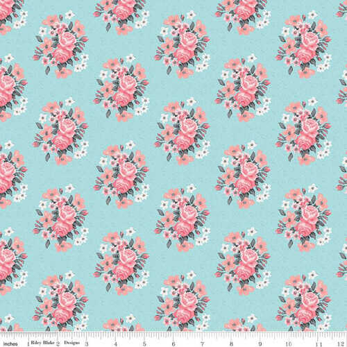 Fabric Remnant-Abbie's Garden Bouquet Aqua 76cm