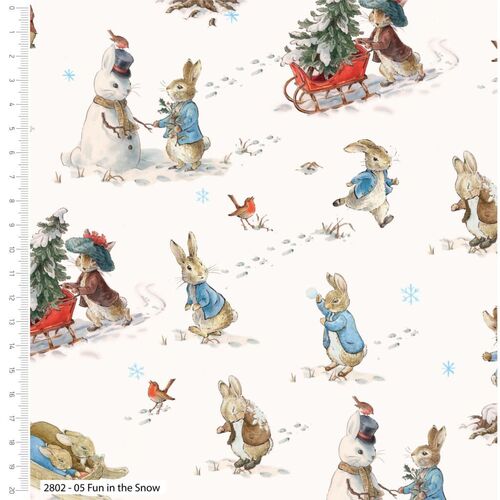 Fabric Remnant- Licensed Peter Rabbit Christmas Fun Snow 51cm