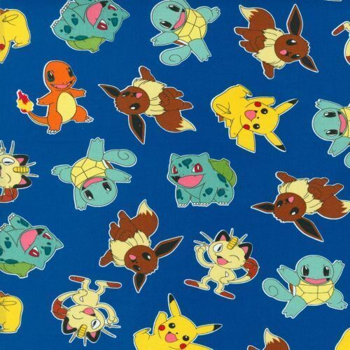 Fabric Remnant- Pokemon Characters Toss Blue 49cm