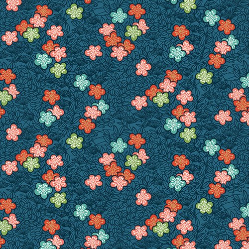 Fabric Remnant -	Michiko Bushclover Oriental Floral Blue 71cm