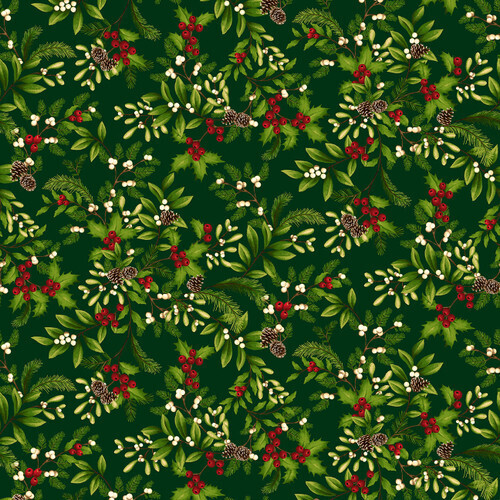 Fabric Remnant -	Winter Garden Christmas Holly & Mistletoe 33cm