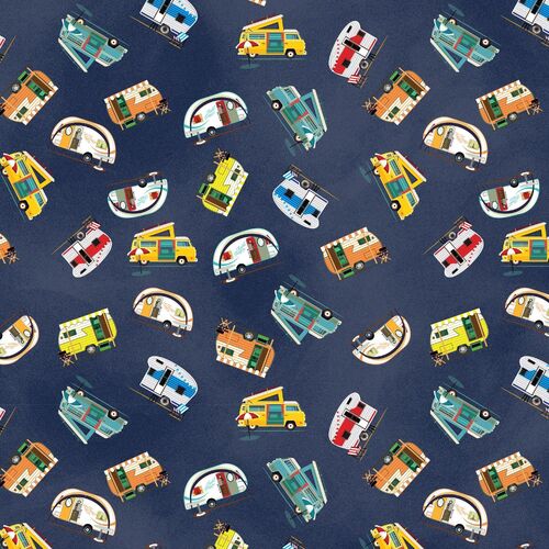 Fabric Remnant - My Grey Nomads Tossed Caravans Navy 51cm