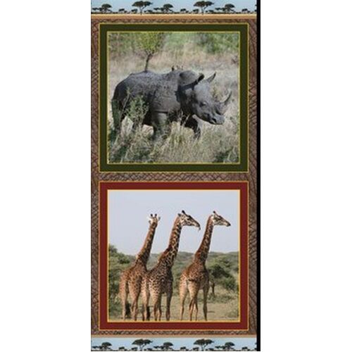 Fabric Remnant -	African Safari Giraffes Rhino 50cm