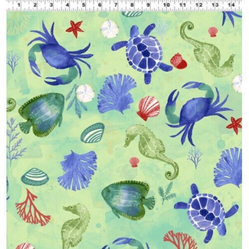 Fabric Remnant- Sanibel Sealife Fish Turtles Seahorses 50cm