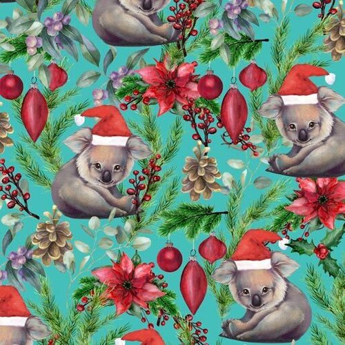 Fabric Remnant-	 Unalloyed Aussie Christmas Koala Santa Hats 43cm