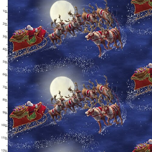 Fabric Remnant -Here Comes Santa Sleigh Reindeers Christmas 40cm