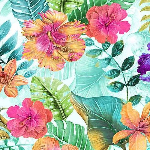 Fabric Remnant - Tropical Hibiscus Floral Multi 68cm