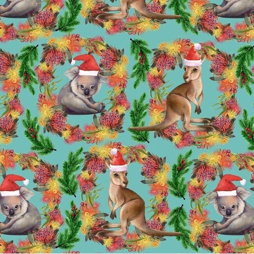 Fabric Remnant-Unalloyed Aussie Christmas Koalas Kangaroos 46cm