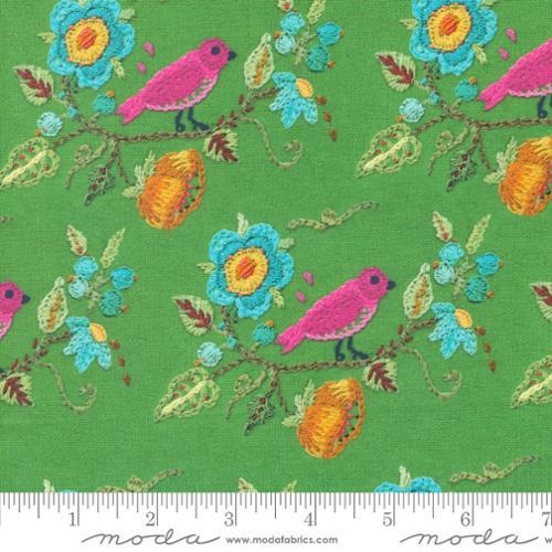 Fabric Remnant-Moda Vintage Soul Bird Floral Grass Green 54cm