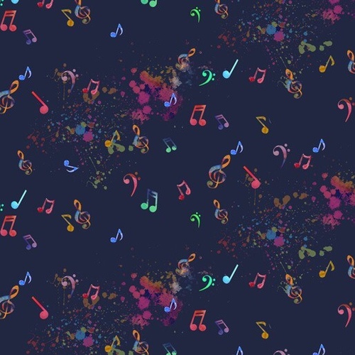 Fabric Remnant-Retro Music Notes Multi Navy  71cm