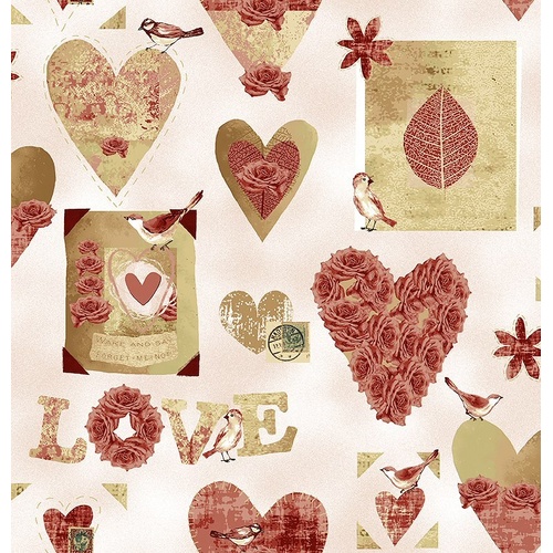 Fabric Remnant -	Marsala Love Birds Hearts 66cm