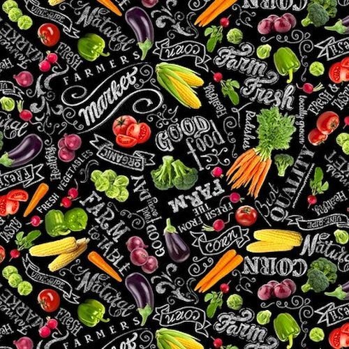 Fabric Remnant- Fresh Vegetables Farm Stand Black 44cm