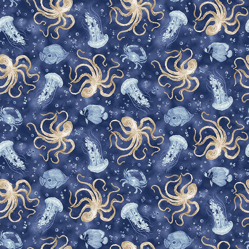 Cobalt Seas Ocean Life Jelly Fish Octopus Navy Blue 1369-77 