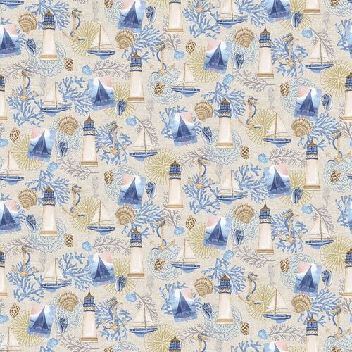 Cobalt Seas Ocean Coastal Collage Lighthouses Shells Beige 1363-41