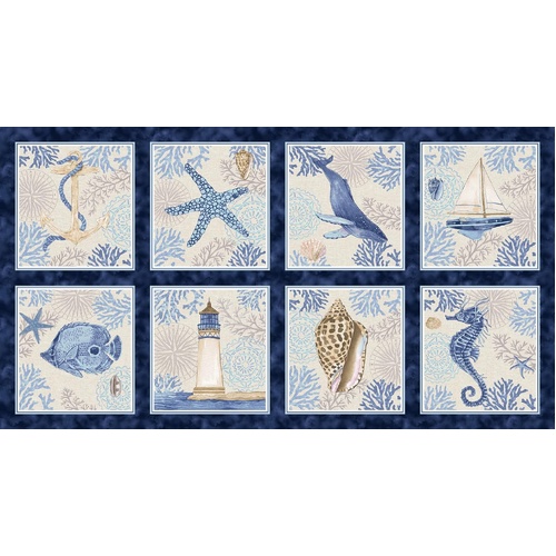 Cobalt Seas Ocean Coastal Sea Life Shells Lighthouse 24" Panel 1365-74 